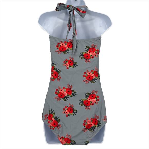Halter Neck One Piece Swimsuit with Rose Print in Grey and Red Size Large - Picture 2 of 5